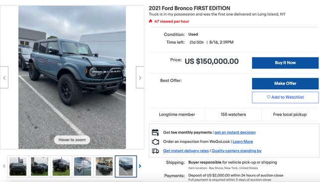 Image for article titled A Mere $150,000 Gets You A Ford Bronco First Edition On eBay