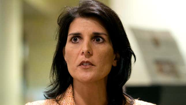 Image for article titled Nikki Haley Panicking After Someone Actually Orders Campaign T-Shirt