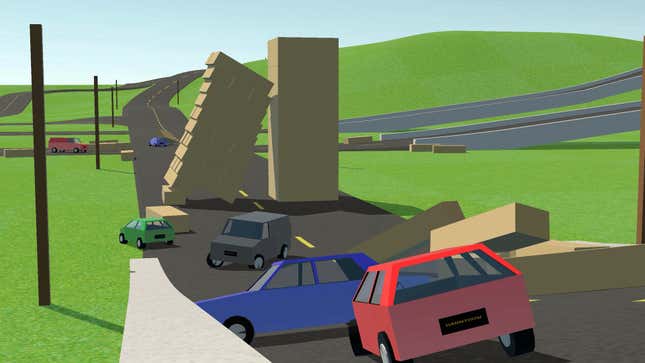 A screenshot of Stunt Derby, showing several cars crashing into each other and random boxes placed on the racetrack.