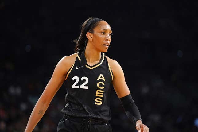 May 28, 2023; Las Vegas, Nevada, USA; Las Vegas Aces forward Aja Wilson (22) competes during the first quarter against the Minnesota Lynx at Michelob Ultra Arena.