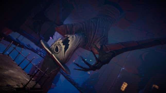 The evil mayor of Two-Town hanging upside down.