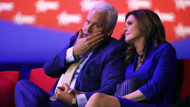 CPAC chairman, Matt Schlapp (L), and his wife Mercedes Schlapp listen during the annual conference at Gaylord National Resort &amp; Convention Center on March 2, 2023, in National Harbor, Maryland.