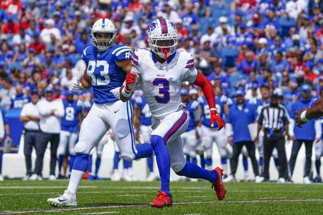 Aug 12, 2023; Orchard Park, New York, USA; Buffalo Bills safety Damar Hamlin (3) pursues against the Indianapolis Colts during the first half at Highmark Stadium.