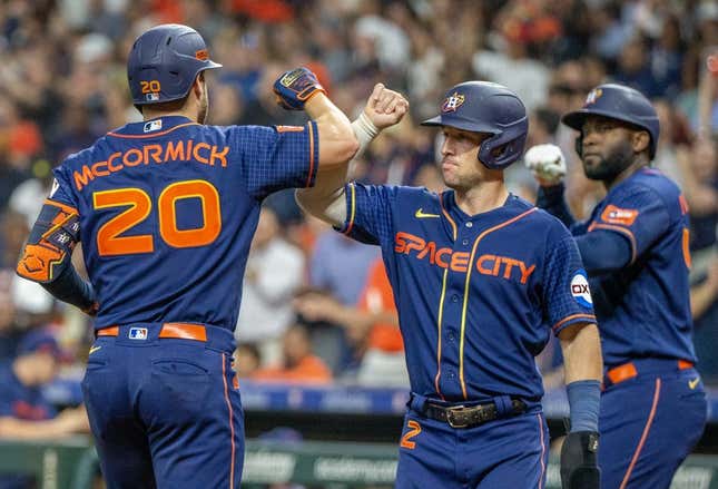 Alex Bregman and Chas McCormick of the Houston Astros celebrate a