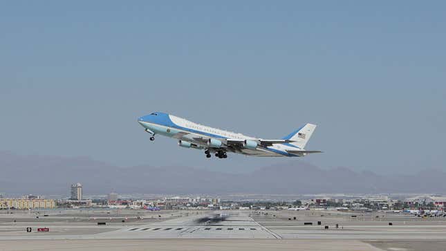 A photo of Air Force One taking off in Las Vegas. 