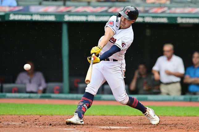 Sep 6, 2023; Cleveland, Ohio, USA; Cleveland Guardians left fielder Will Brennan (17) hits an RBI double during the fourth inning against the Minnesota Twins at Progressive Field.