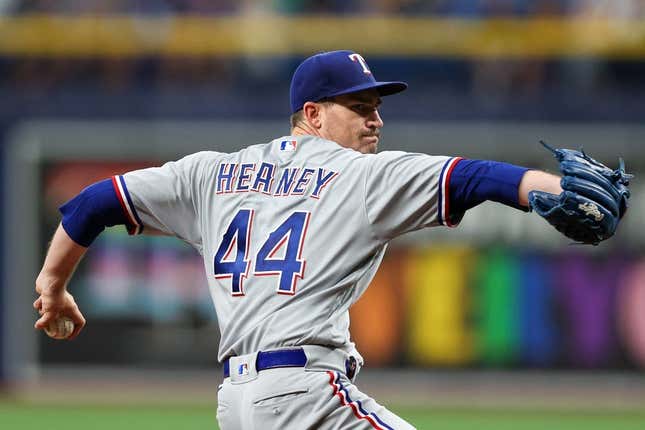 Jun 9, 2023; St. Petersburg, Florida, USA;  Texas Rangers starting pitcher Andrew Heaney (44) throws a pitch against the Tampa Bay Rays in the second inning at Tropicana Field.