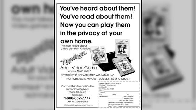 A November 1982 newspaper ad for the Mystique video games solicits the reader to order the games by mail.