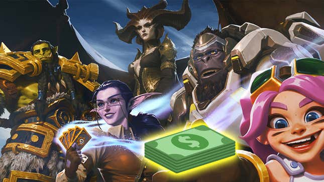 A collection of Blizzard characters stand together, one of them is holding out their hand with a stack of dollar bills in it. 