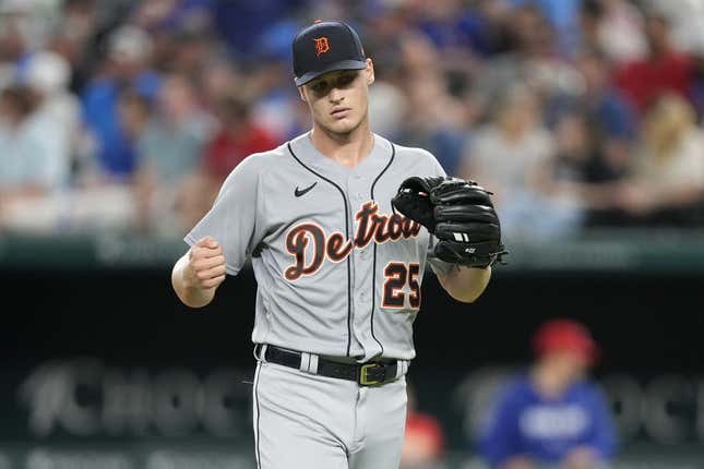Jun 27, 2023; Arlington, Texas, USA; Detroit Tigers starting pitcher Matt Manning (25) reacts after getting pulled from the game against the Texas Rangers during the sixth inning at Globe Life Field.