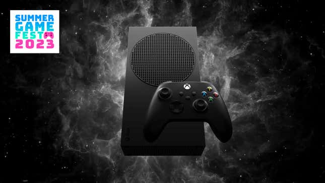 An all-black Xbox Series S floats in front of smoke. 