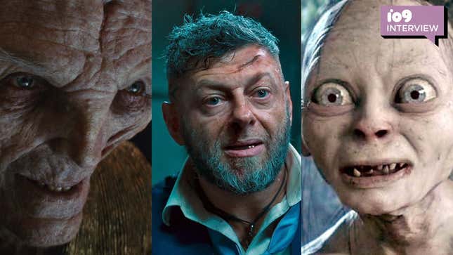 Three movie images of Andy Serkis characters from left to right: Star Wars' Snoke, Black Panther's Klaue, and Lord of the Rings' Gollum.