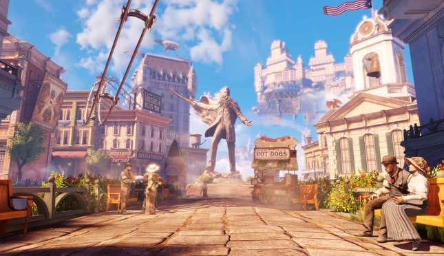 An avenue on BioShock Infinite's setting of Columbia is depicted, with an old-timey hot dog stand, signs for grocers and delicatessens, and a statue of Comstock.