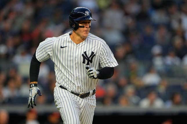 May 23, 2023; Bronx, New York, USA; New York Yankees first baseman Anthony Rizzo (48) runs out a single against the Baltimore Orioles during the third inning at Yankee Stadium.