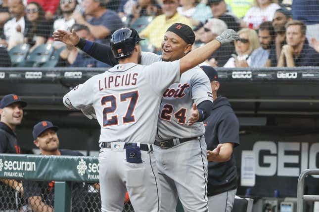 Sep 2, 2023; Chicago, Illinois, USA; Detroit Tigers second baseman Andre Lipcius (27) celebrates with designated hitter Miguel Cabrera (24) after hitting a two-run home run against the Chicago White Sox during the first inning at Guaranteed Rate Field.
