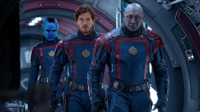 (From left): Karen Gillan, Chris Pratt, Dave Bautista in Guardians Of The Galaxy, Vol. 3
