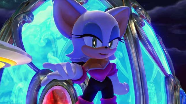 Rouge the bat smiles coyly with a hand on her hip as she stands in front of a blue glowing structure ordained with red and dark blue gems. 