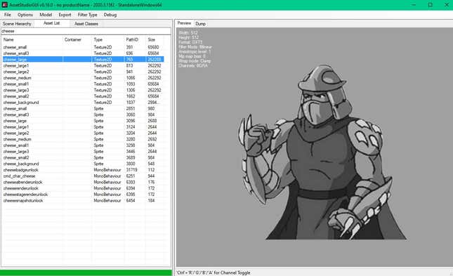 A screenshot of datamind files from All-Stars Brawl showing art for Shredder.