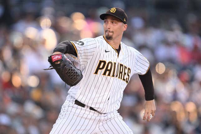 Jul 3, 2023; San Diego, California, USA; San Diego Padres starting pitcher Blake Snell (4) throws a pitch against the Los Angeles Angels during the first inning at Petco Park.
