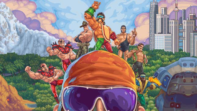 WrestleQuest key art shows wrestlers pose on top of Muchacho Man's head.