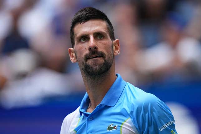 Sep 5, 2023; Flushing, NY, USA; Novak Djokovic of Serbia reacts after winning a game against Taylor Fritz of the United States on day nine of the 2023 U.S. Open tennis tournament at USTA Billie Jean King National Tennis Center.