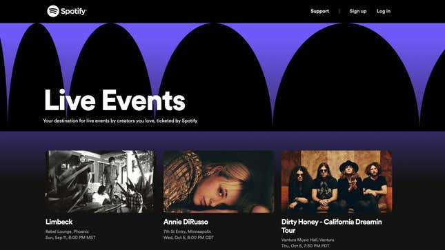 Spotify Ticket’s interface currently lists seven upcoming shows from various artists. 