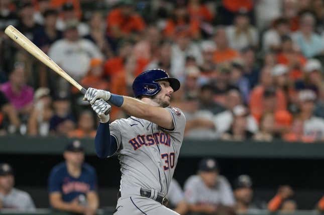 Aug 8, 2023; Baltimore, Maryland, USA;  Houston Astros right fielder Kyle Tucker (30) swings through a ninth inning grand slam against the Baltimore Orioles at Oriole Park at Camden Yards.
