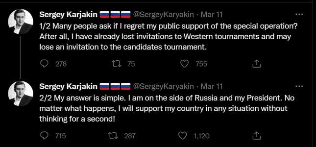 Image for article titled Russian Chess Champion Suspended After Publicly Supporting Invasion Of Ukraine