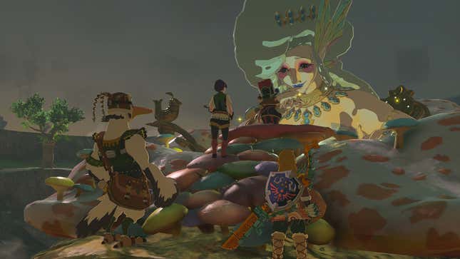 Link and friends are seen greeting a Great Fairy as she emerges from her home in the ground.