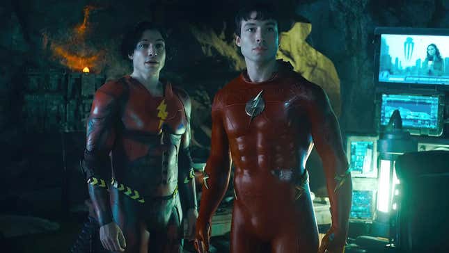 Ezra Miller and Ezra Miller as Barry Allen in 2023's The Flash.