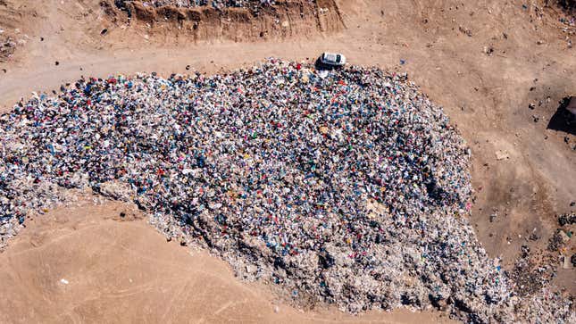 An aerial view of piles of used clothing.