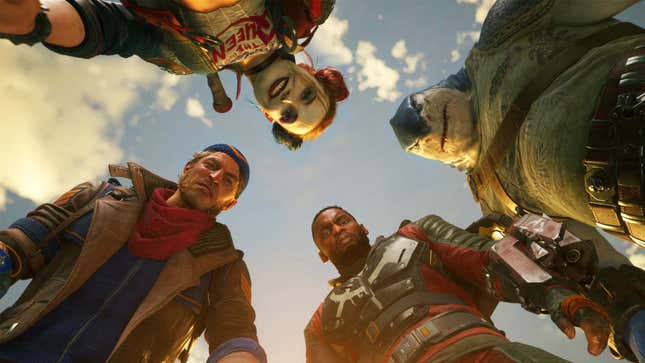 A screenshot shows the Suicide Squad members together and all looking down. 