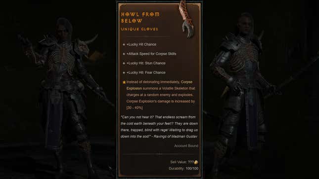 A composite image shows stats for the Howl From Below gloves.
