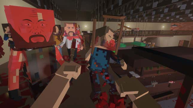a fist seen from first-person punching people in paint the town red