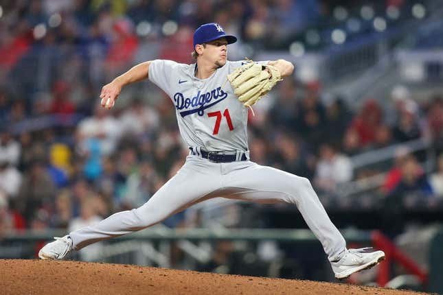 May 22, 2023; Atlanta, Georgia, USA; Los Angeles Dodgers starting pitcher Gavin Stone (71) throws against the Atlanta Braves in the fourth inning at Truist Park.