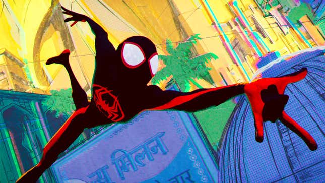 A colorful image shows Spider-Man swinging through a blue and yellow city. 