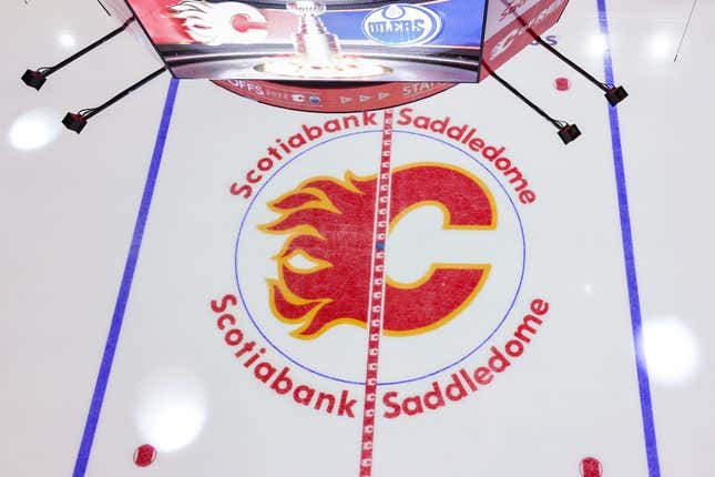 May 18, 2022; Calgary, Alberta, CAN; General view of the Calgary Flames logo on the ice prior to the game between the Calgary Flames and the Edmonton Oilers in game one of the second round of the 2022 Stanley Cup Playoffs at Scotiabank Saddledome.
