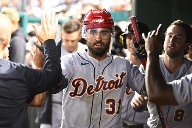 May 19, 2023; Washington, District of Columbia, USA; Detroit Tigers center fielder Riley Greene (31) is congratulated by teammates after hitting a solo home run during the sixth inning against the Washington Nationals at Nationals Park.