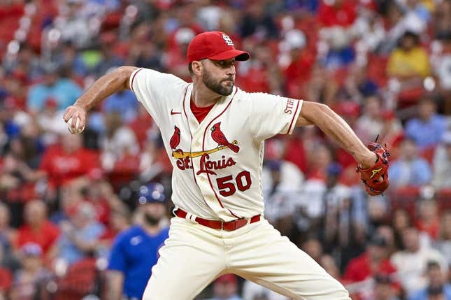 Jul 29, 2023; St. Louis, Missouri, USA;  St. Louis Cardinals starting pitcher Adam Wainwright (50) pitches against the Chicago Cubs during the first inning at Busch Stadium.