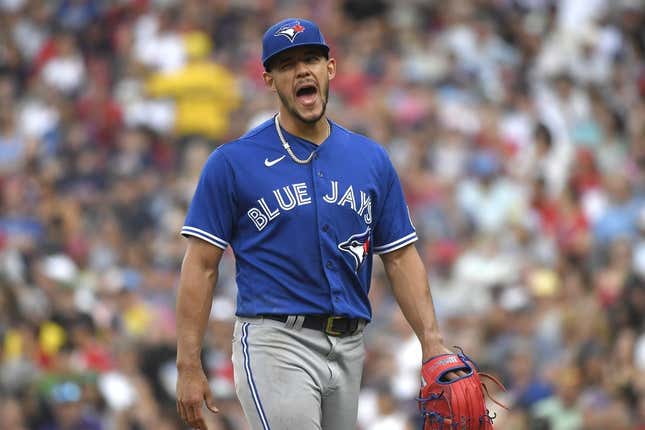 Aug 5, 2023; Boston, Massachusetts, USA;  Toronto Blue Jays starting pitcher Jose Berrios (17) reacts after being relieved during the sixth inning against the Boston Red Sox at Fenway Park.