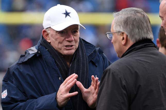 According to suit brought by Jim Trotter, Jerry Jones and Tery Pegula (r.) made racist comments about multiple issues.
