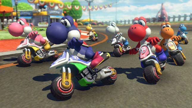 Yoshis riding a motorbike down a track.