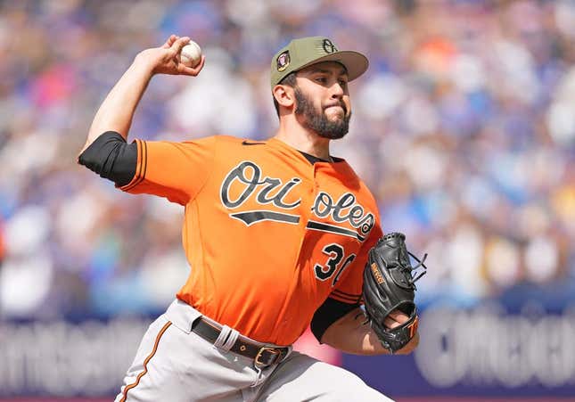 May 20, 2023; Toronto, Ontario, CAN; Baltimore Orioles starting pitcher Grayson Rodriguez (30) throws a pitch against the Toronto Blue Jays during the first inning at Rogers Centre.