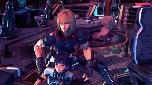 Two anime-looking warriors stand aboard a starship bridge looking at a computer monitor. 
