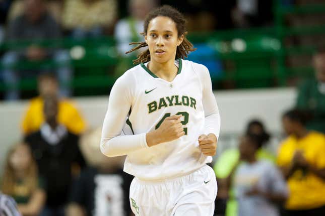 Brittney Griner #42 of the Baylor University Bears runs down court after a made basket against the Oral Roberts University Golden Eagles on December 12, 2012 at the Ferrell Center in Waco, Texas