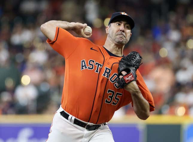 Aug 11, 2023; Houston, Texas, USA;  Houston Astros starting pitcher Justin Verlander (35) pitches against the Los Angeles Angels in the first inning at Minute Maid Park.