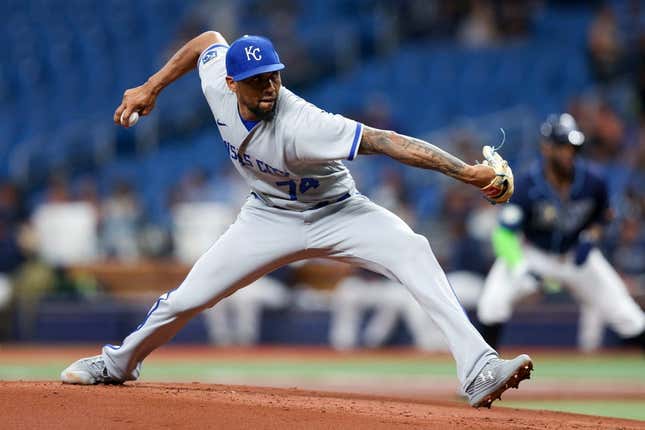 Jun 22, 2023; St. Petersburg, Florida, USA;  Kansas City Royals relief pitcher Jose Cuas (74) throws a pitch against the Tampa Bay Rays in the first inning at Tropicana Field.