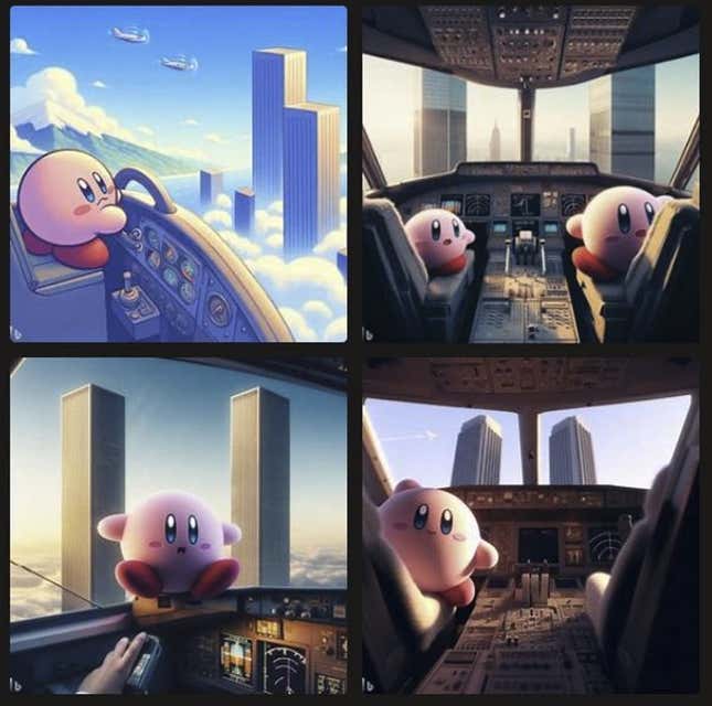 A collage shows AI-created images of Kirby flying a plane toward towers in New York City. 