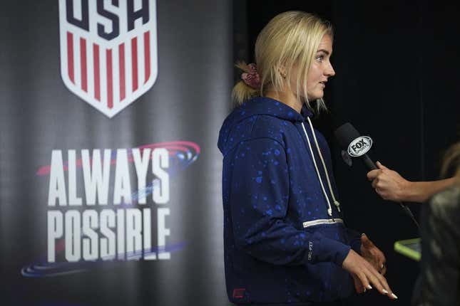 Aug 3, 2023; Auckland, NZL;  United States midfielder Lindsey Horan (10) does a television interview after a press conference amid the 2023 FIFA Women&#39;s World Cup.