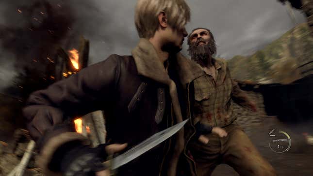 Leon Kennedy swings a knife at a snarling enemy in the Resident Evil 4 remake.
